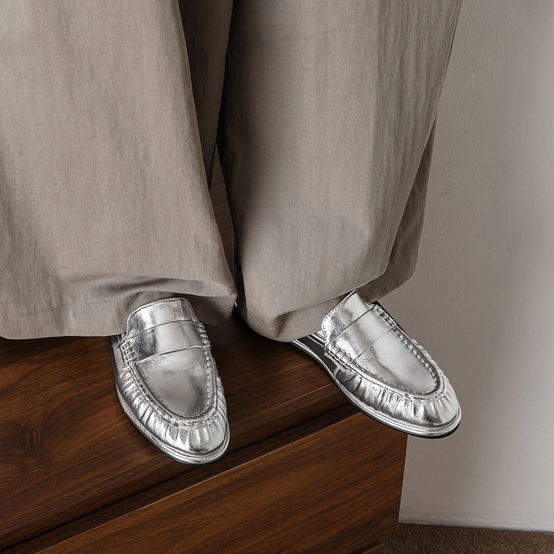 Women'S Shoes Round Toe - Nouvelles mocassins plissées classiques en cuir